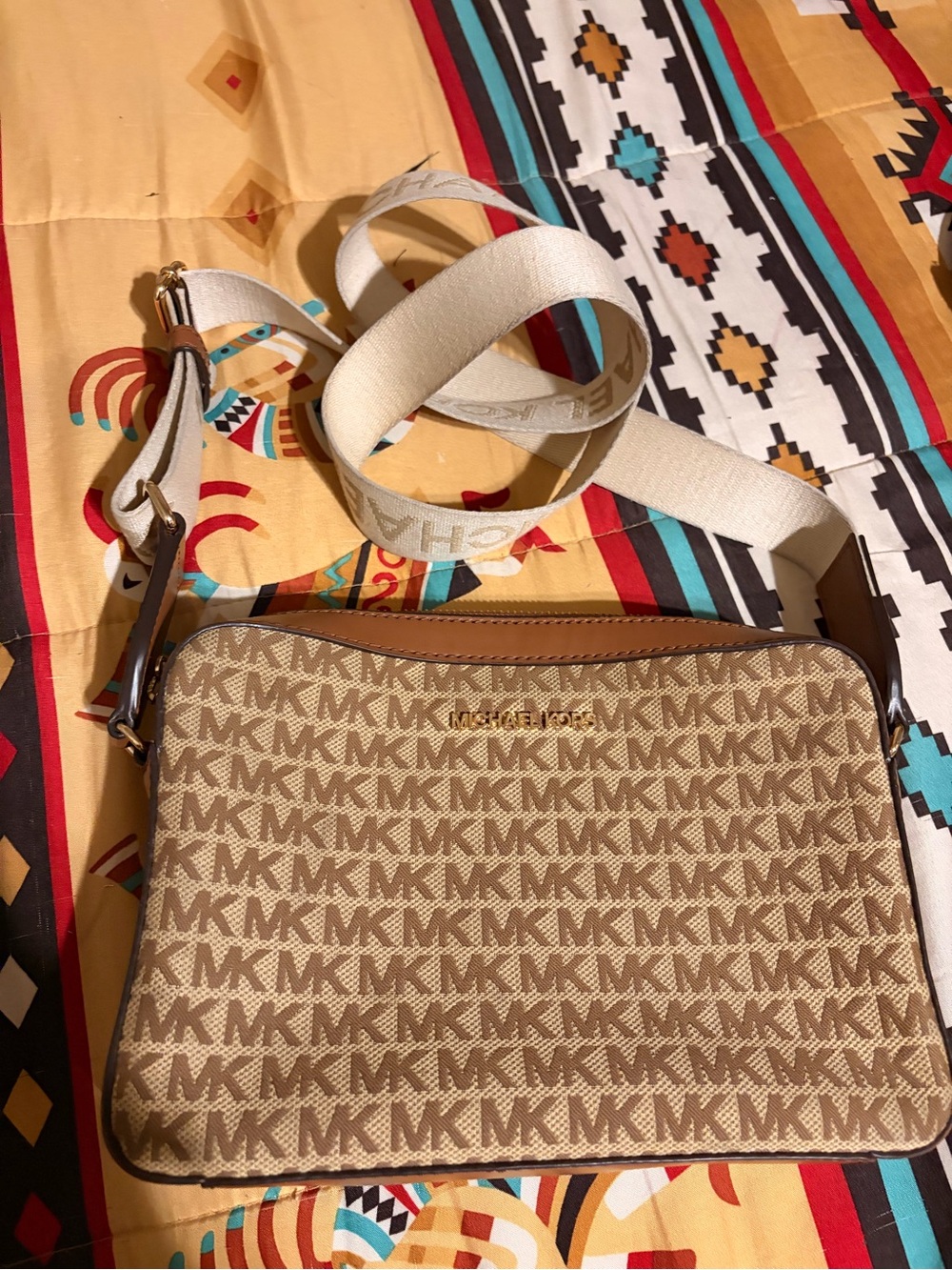 Michael Kors Beige/Tan MK Logo Crossbody with Cream Strap